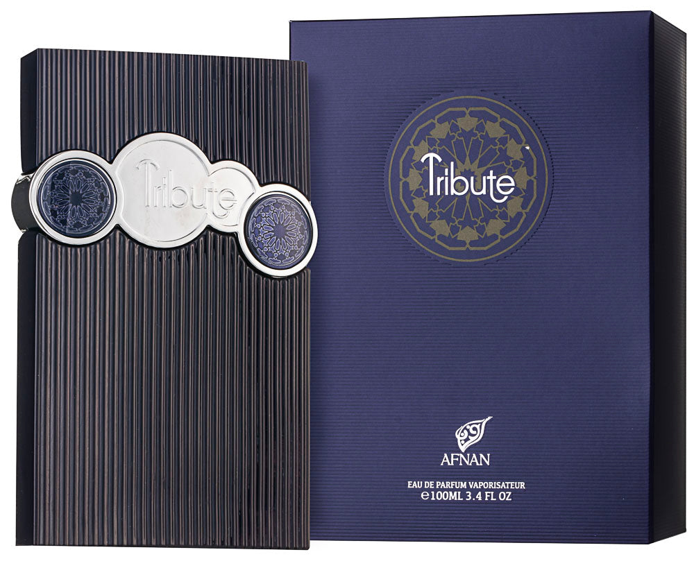 Afnan Tribute Blue EDP 100 мл – флакон и кутия под ъгъл