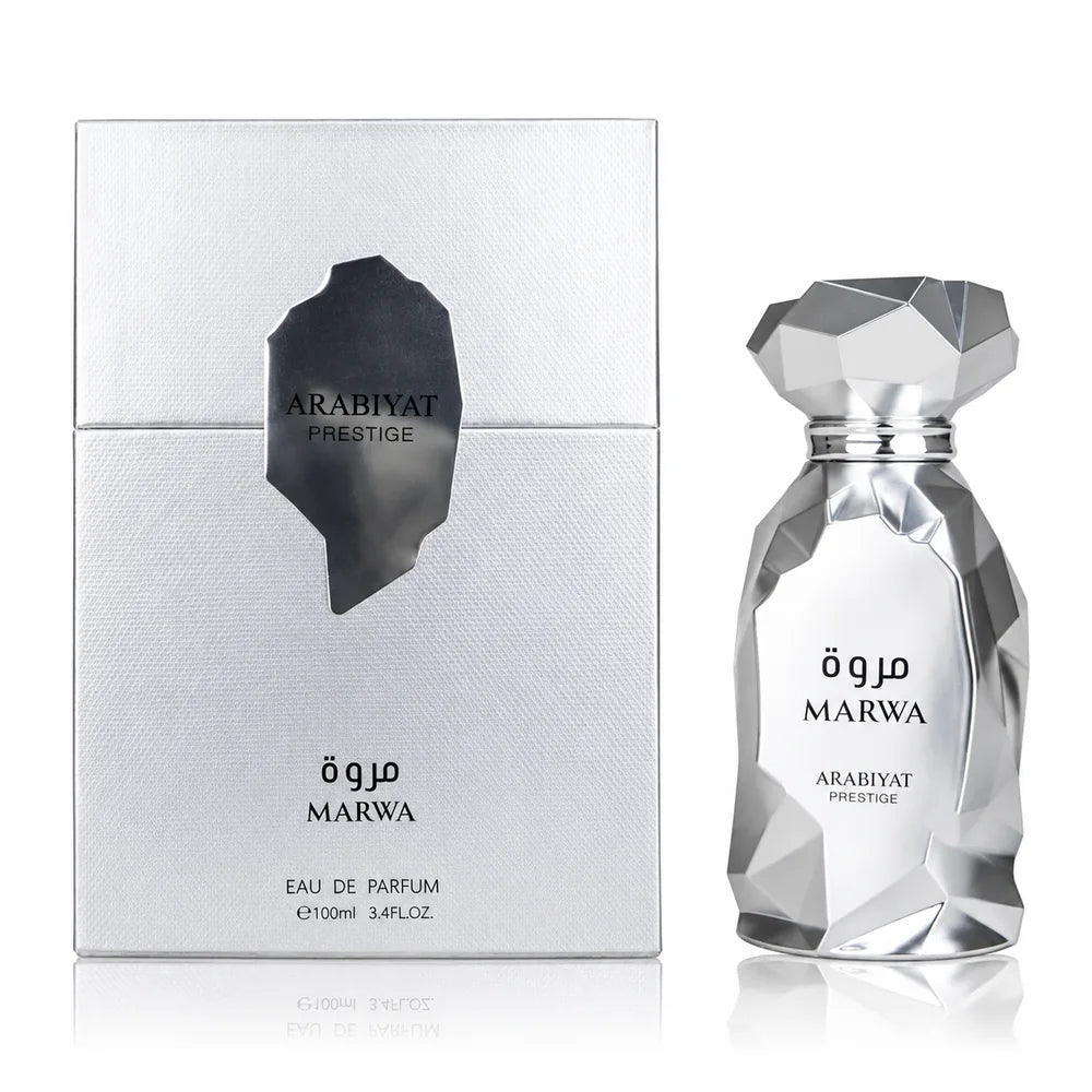 Флаконът и кутията на Arabiyat Prestige Marwa EDP 100 мл, показани заедно с леко отражение.