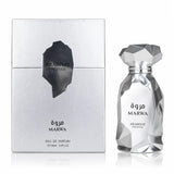 Флаконът и кутията на Arabiyat Prestige Marwa EDP 100 мл, показани заедно с леко отражение.