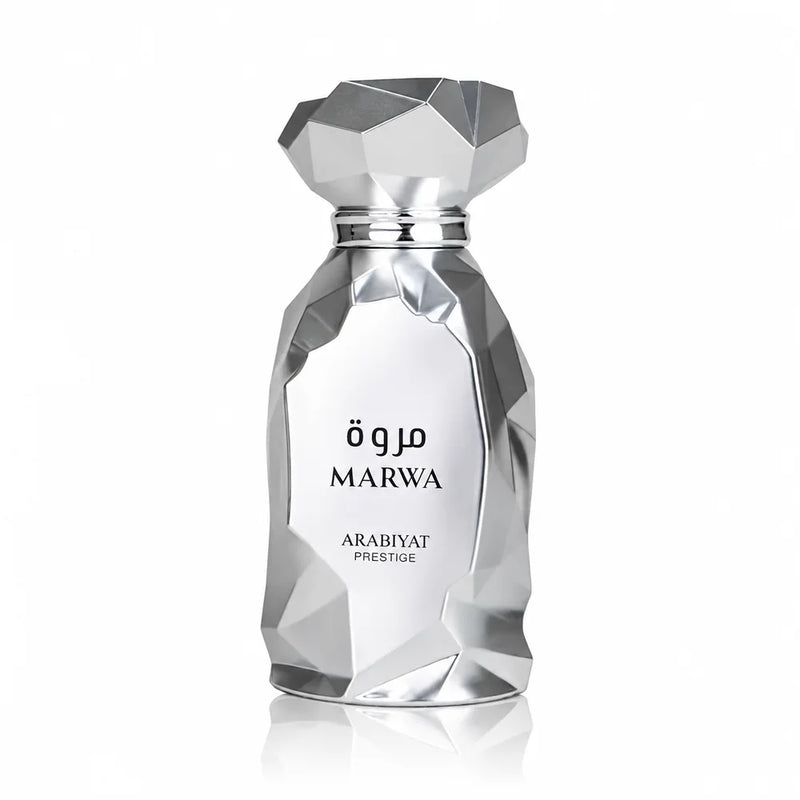 Флакон Arabiyat Prestige Marwa EDP 100 мл с огледално отражение на бял фон.