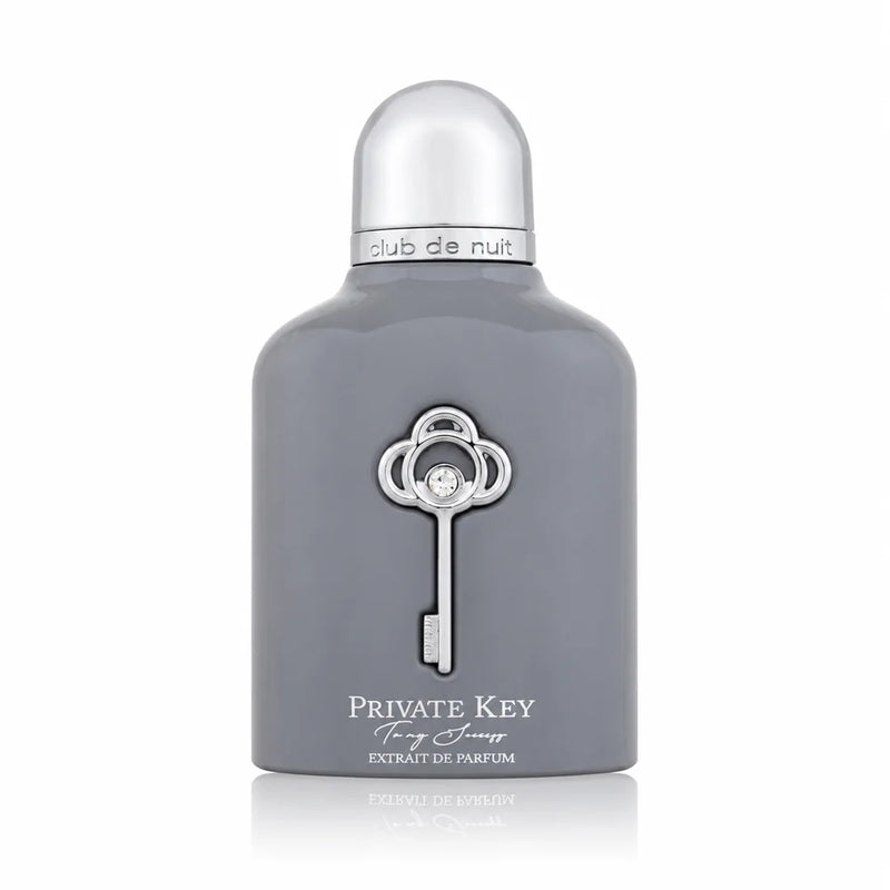 Сив флакон Armaf Private Key to My Success ExDP 100 мл със сребрист декоративен ключ и отражение на бял фон.