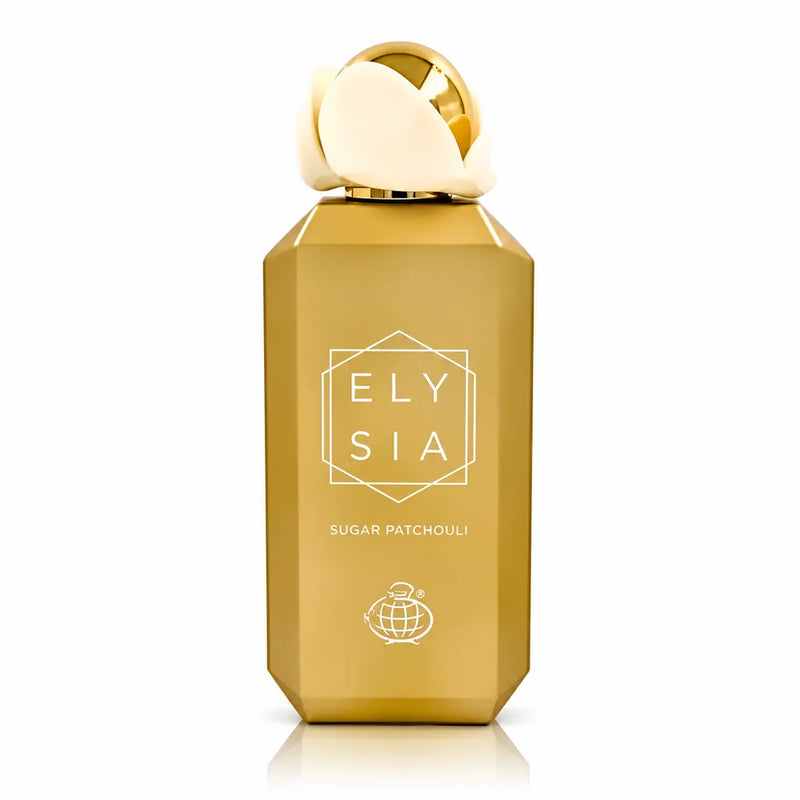 Флакон Fragrance World Elysia Sugar Patchouli EDP 100ml с огледално отражение на бял фон.