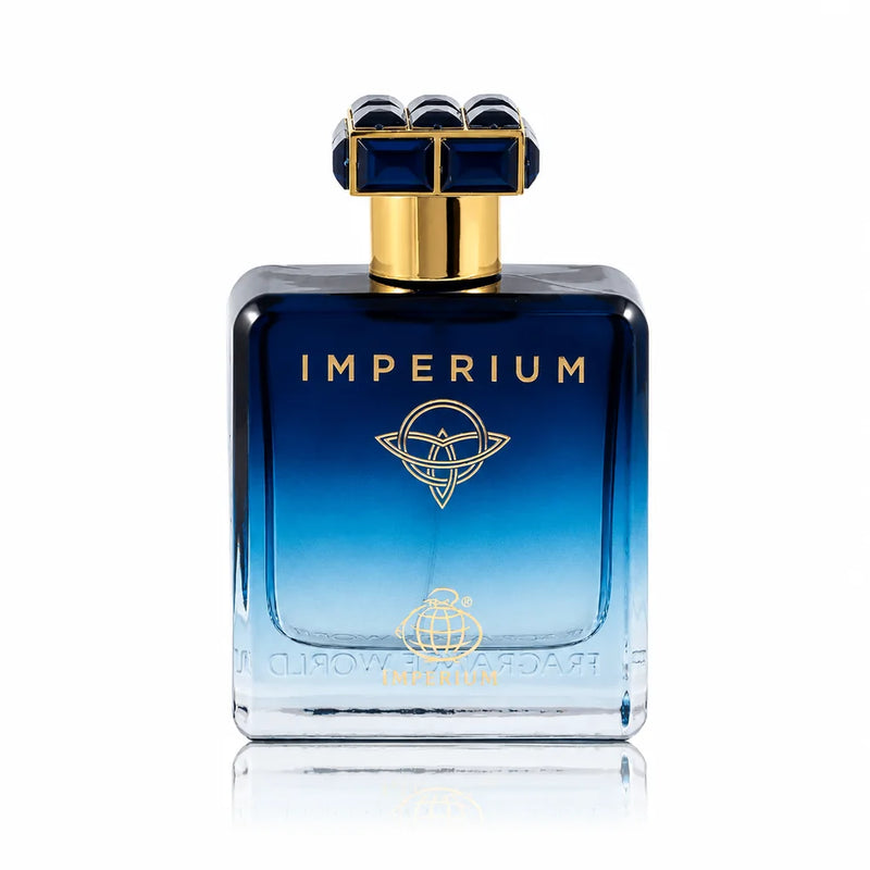 Флакон Fragrance World Imperium EDP 100 мл с огледално отражение на бял фон.