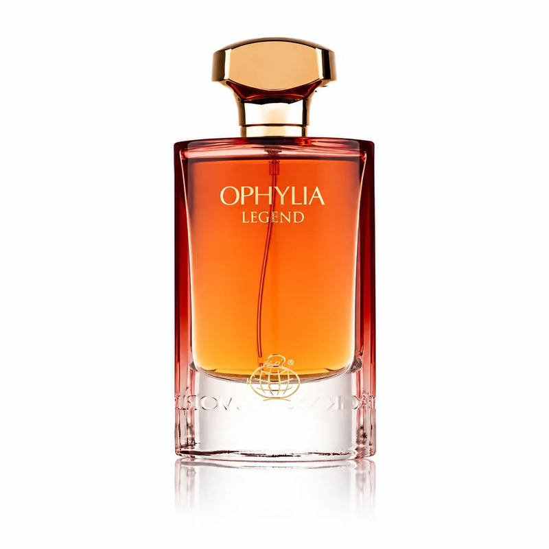 Флакон Fragrance World Ophylia Legend EDP 100 мл с огледално отражение на бял фон.