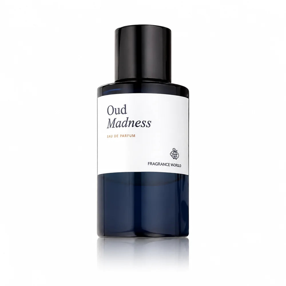 Флакон Fragrance World Oud Madness EDP 60 мл с огледално отражение на бял фон.