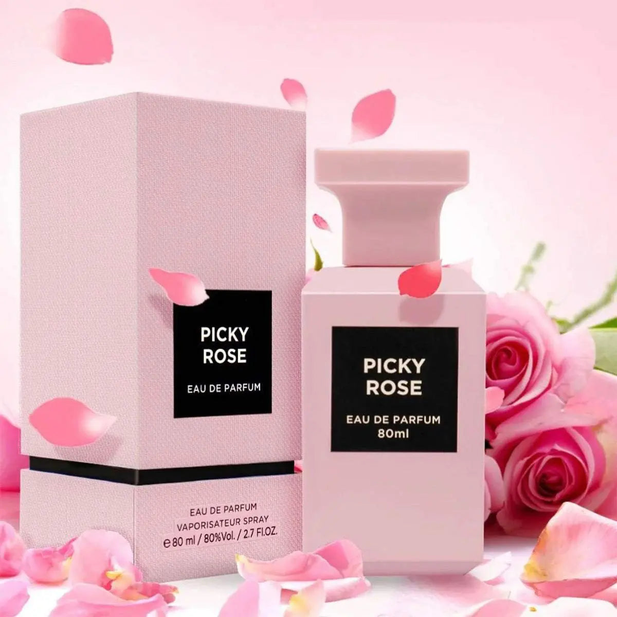Fragrance World Picky Rose EDP 80 мл – флакон и кутия с розови листенца