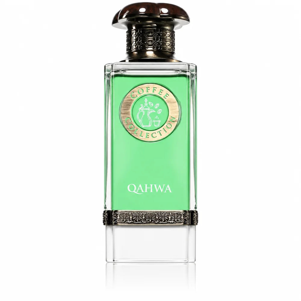 Флакон Fragrance World Qahwa EDP 100 мл с огледално отражение на бял фон.