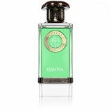 Флакон Fragrance World Qahwa EDP 100 мл с огледално отражение на бял фон.
