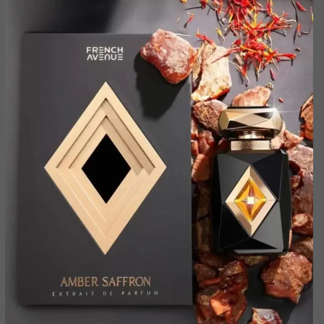 French Avenue Amber Saffron ExDP 80 мл – флакон и кутия в рекламна композиция