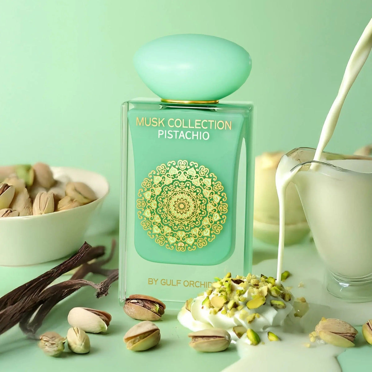 Gulf Orchid Pistachio EDP 60 мл – флакон в зелена рекламна композиция