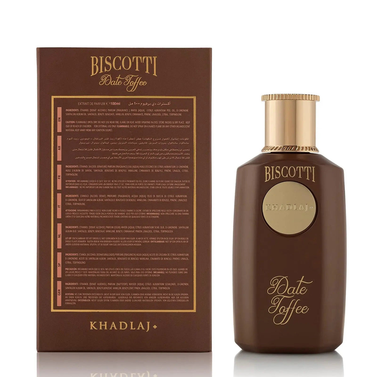 Khadlaj Biscotti Date Toffee ExDP 100 мл – флакон и задната страна на кутията