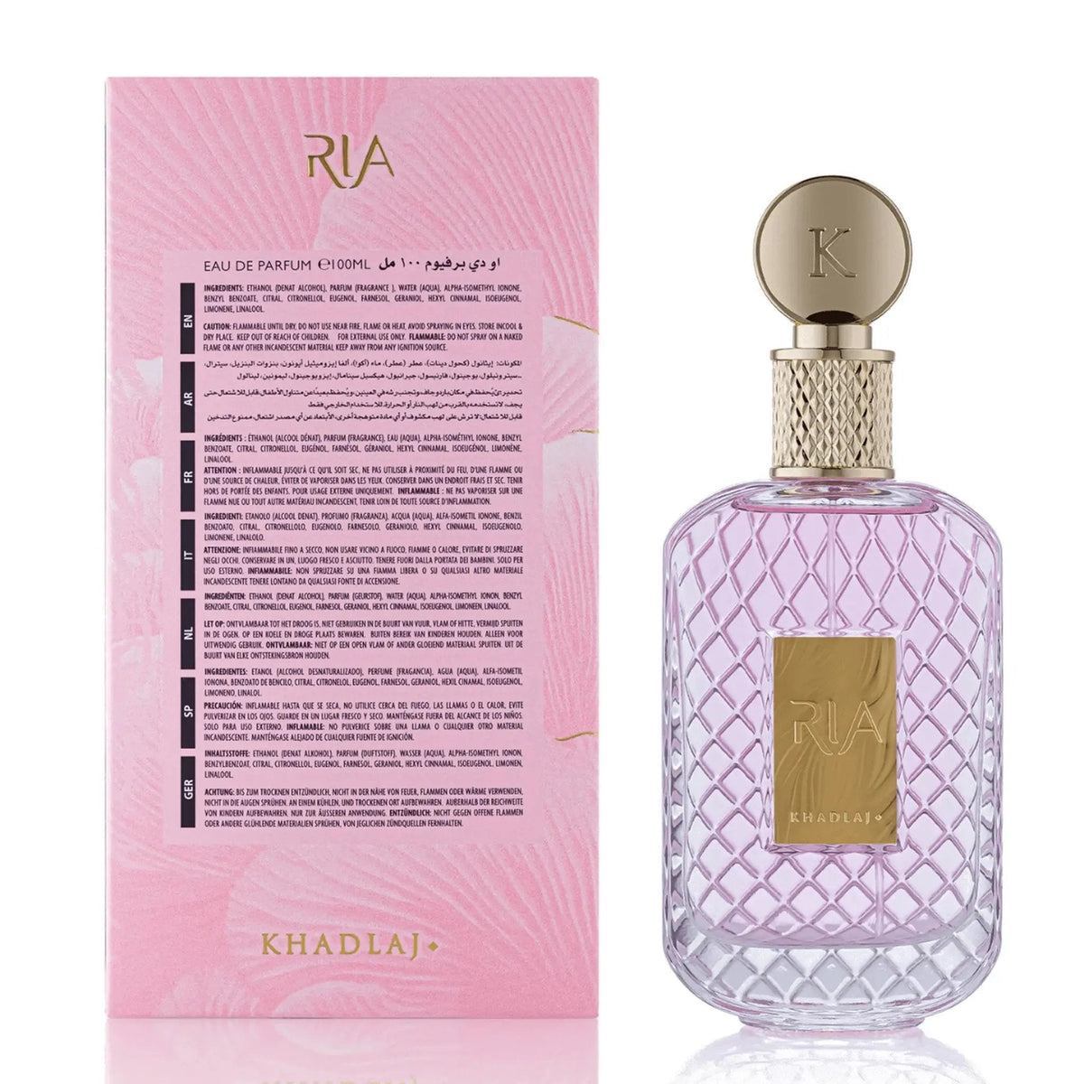 Khadlaj Ria EDP 100 мл – флакон и задната страна на кутията