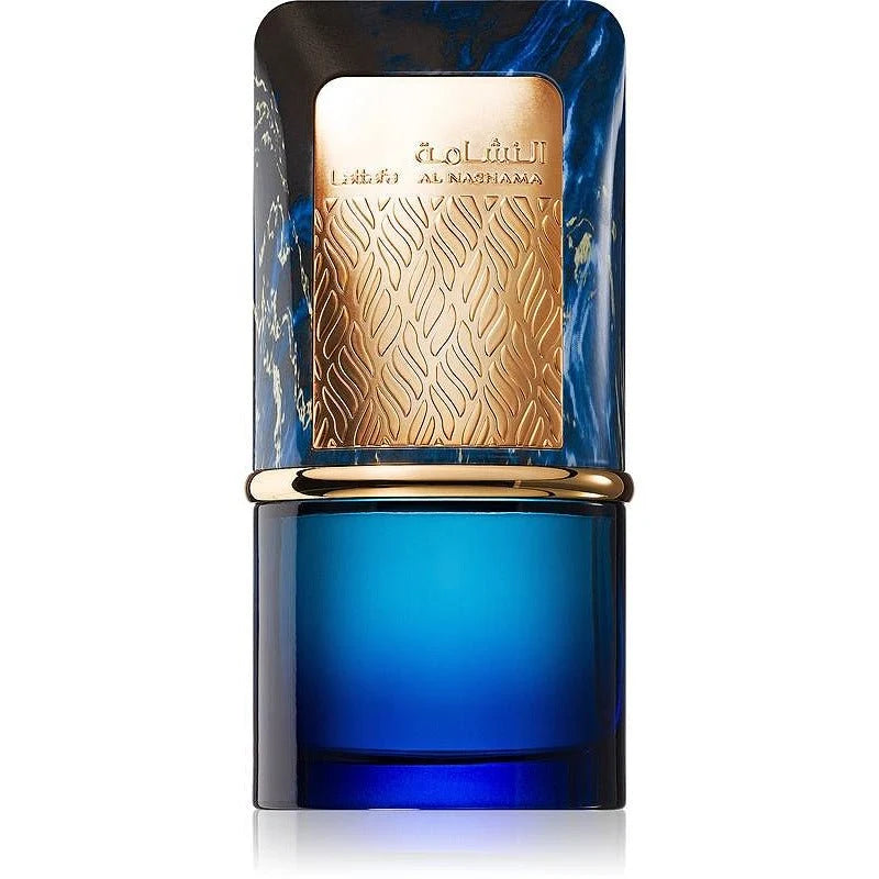 Флакон Lattafa Al Nashama Caprice EDP 100 мл с огледално отражение на бял фон.