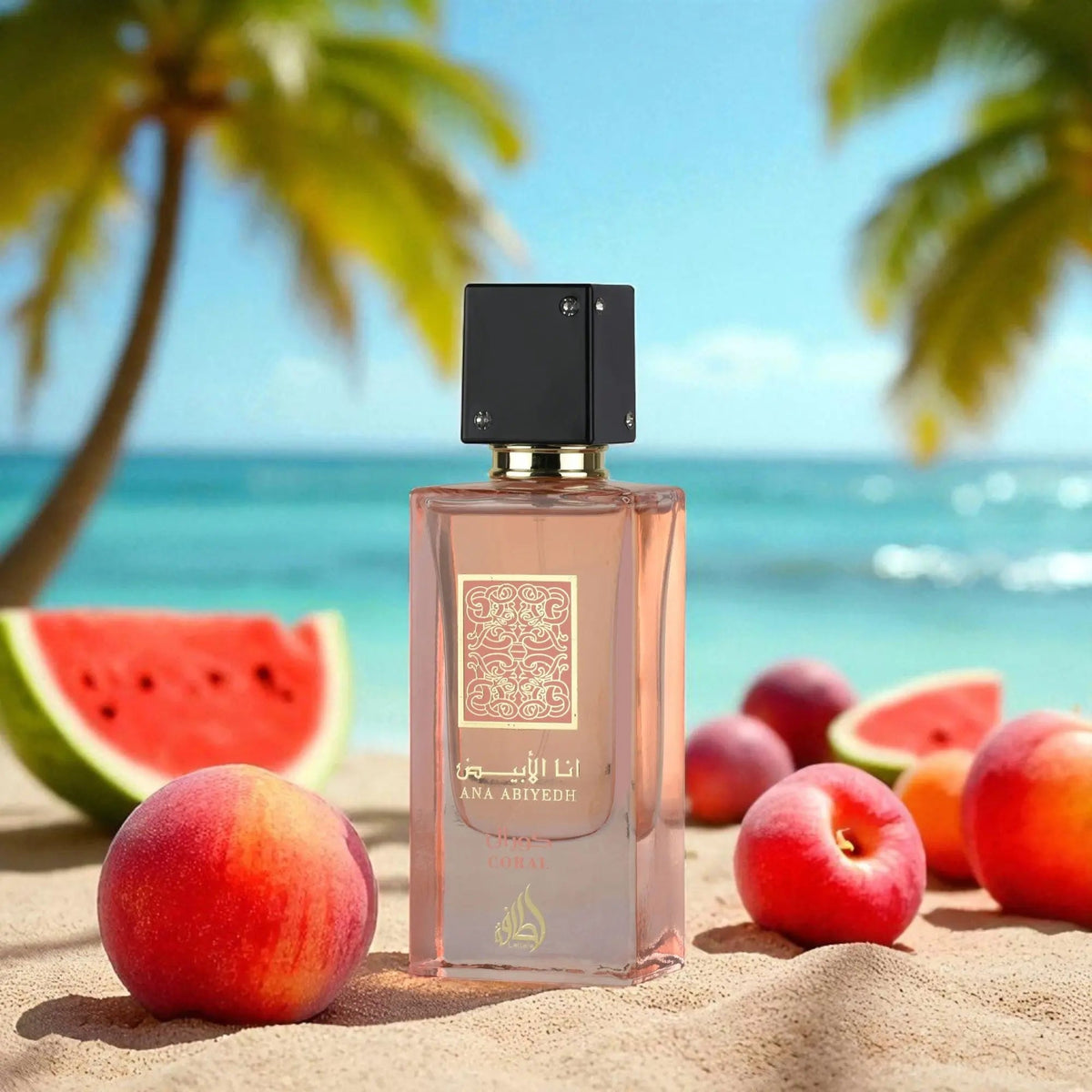 Lattafa Ana Abiyedh Coral EDP 60 мл – флакон с плодове на морски фон