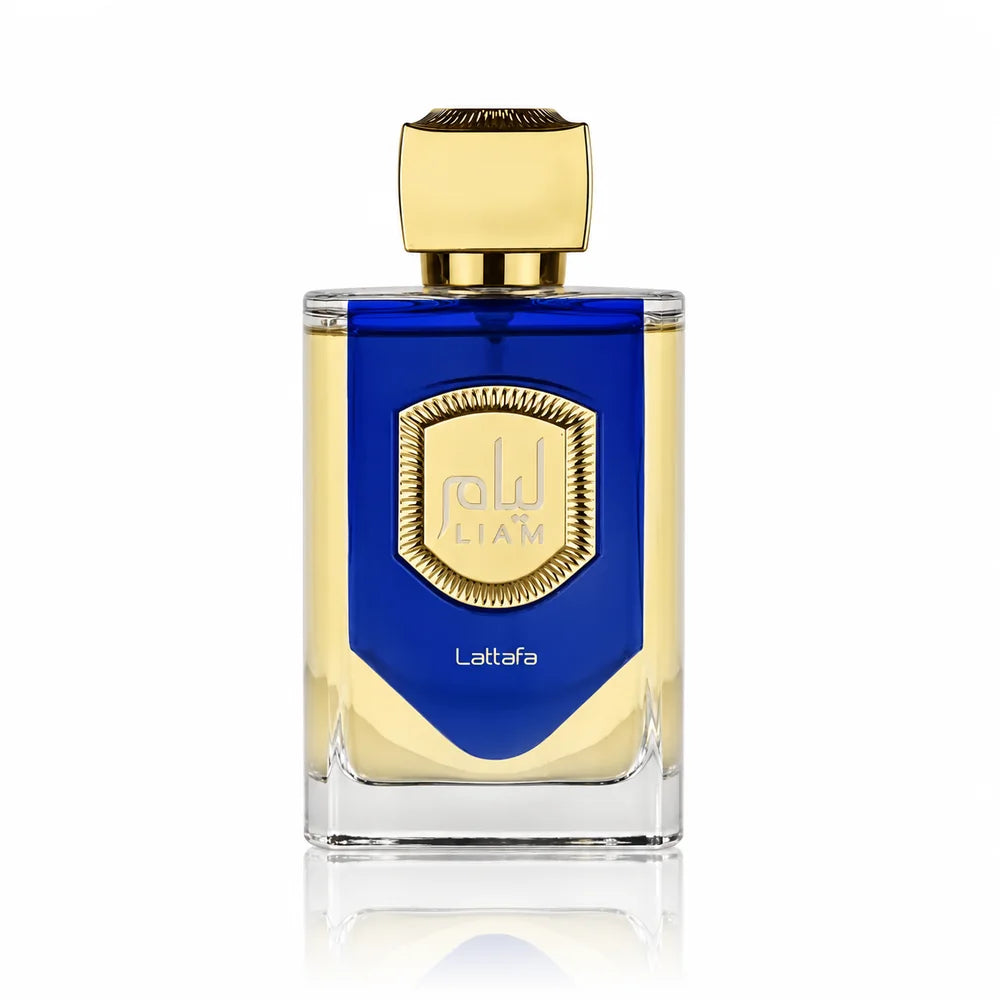 Флакон Lattafa Liam Blue Shine EDP 100 мл с огледално отражение на бял фон.