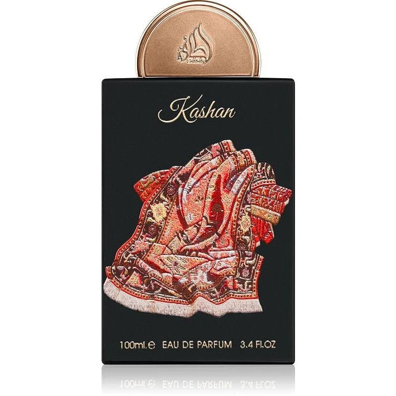 Флакон Lattafa Pride Kashan EDP 100 мл с огледално отражение на бял фон.