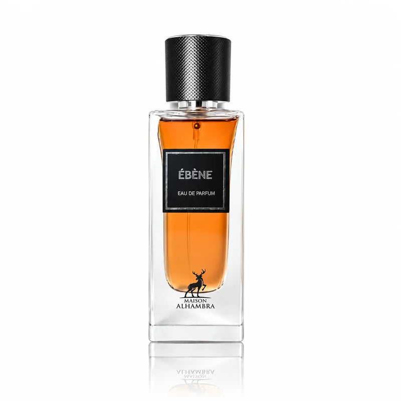 Флакон Maison Alhambra Ebene EDP 90 мл с огледално отражение на бял фон.