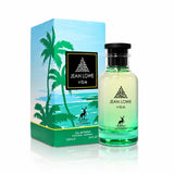 Флаконът и кутията на Maison Alhambra Jean Lowe Vibe EDP 100 мл, показани заедно с леко отражение.