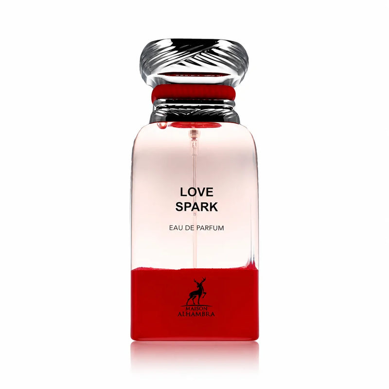 Флакон Maison Alhambra Love Spark EDP 80 мл с огледално отражение на бял фон.