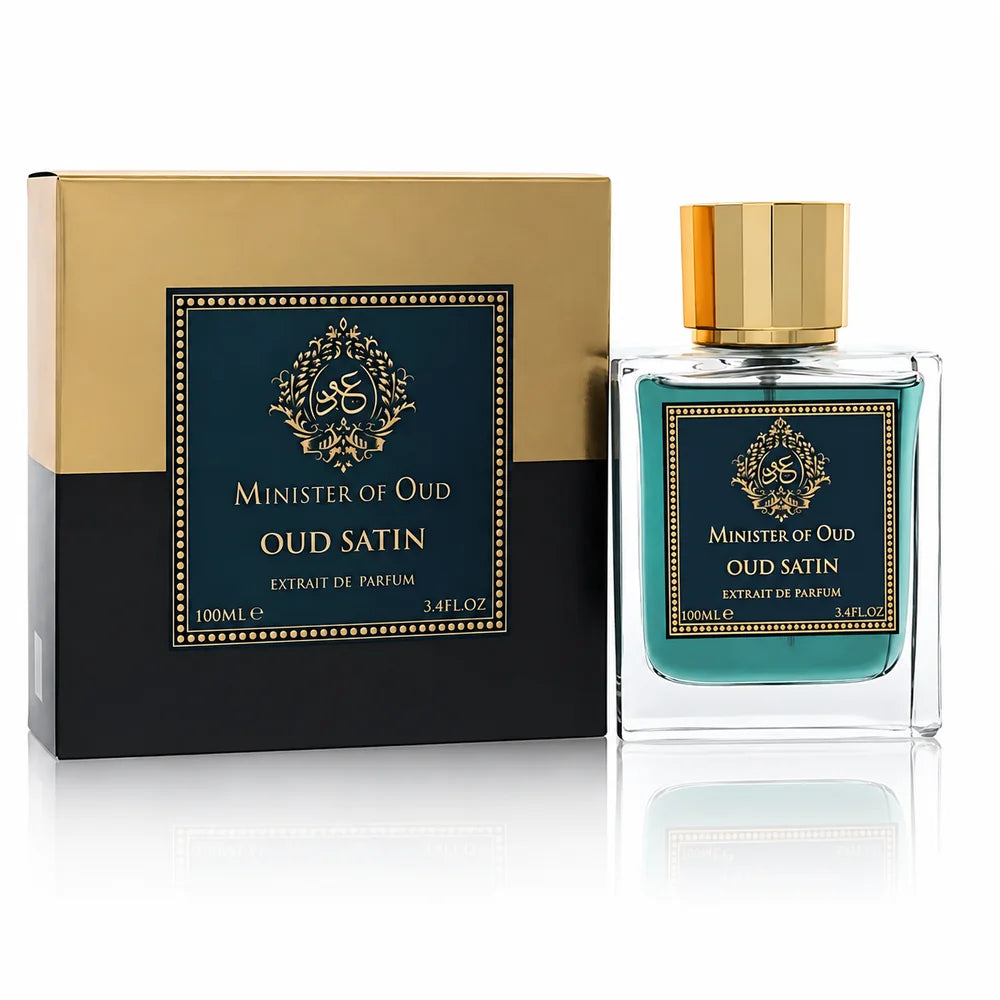 Minister of Oud Oud Satin 100 мл: флакон със синьо-зелен център и неговата златисто-черна кутия с отражение.