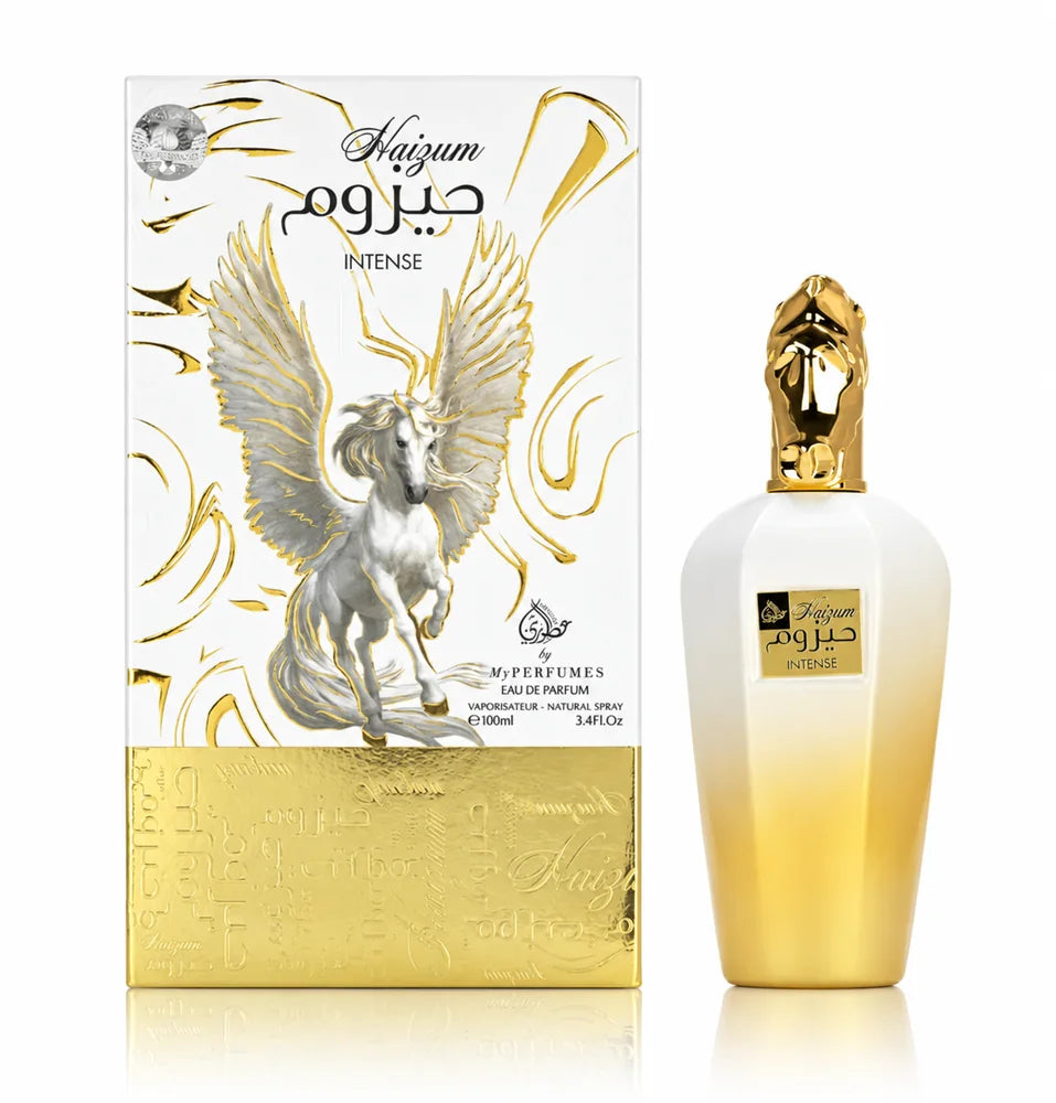 Флаконът и кутията на My Perfumes Haizum Intense EDP 100 мл, показани заедно с леко отражение.