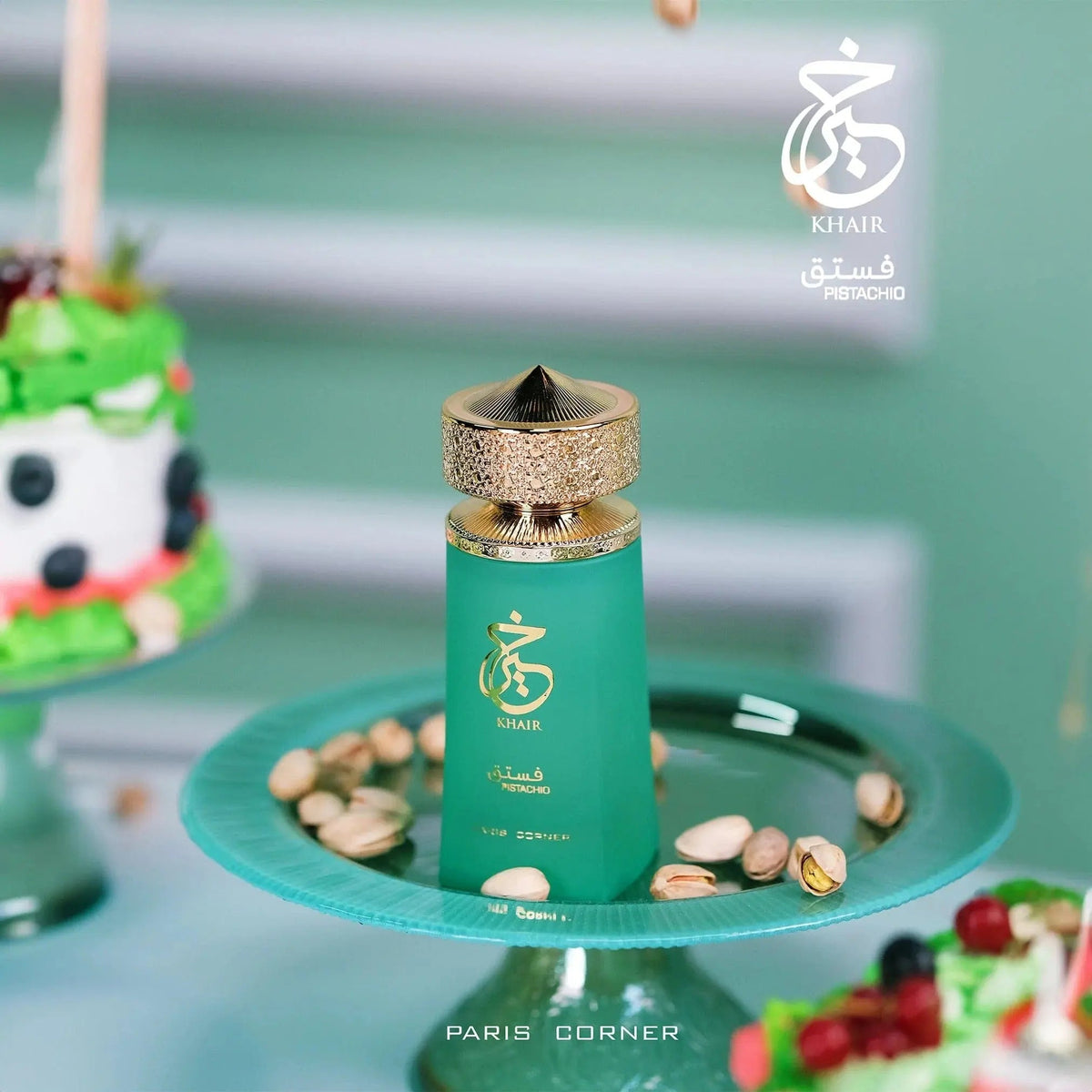 Paris Corner Khair Pistachio комплект EDP 100 мл + дезодорант 200 мл — кадър с фон