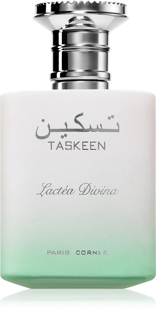 Флакон Paris Corner Taskeen Lactea Divina EDP 100 мл с огледално отражение на бял фон.