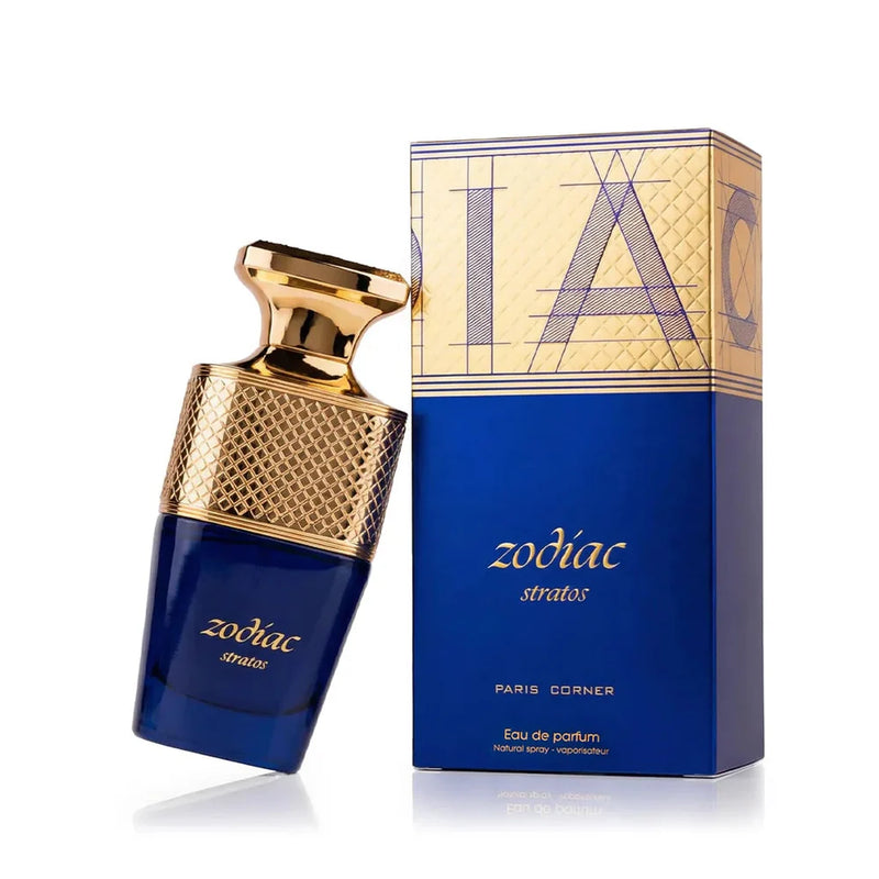 Флаконът и кутията на Paris Corner Zodiac Stratos EDP 100 мл, показани заедно с леко отражение.