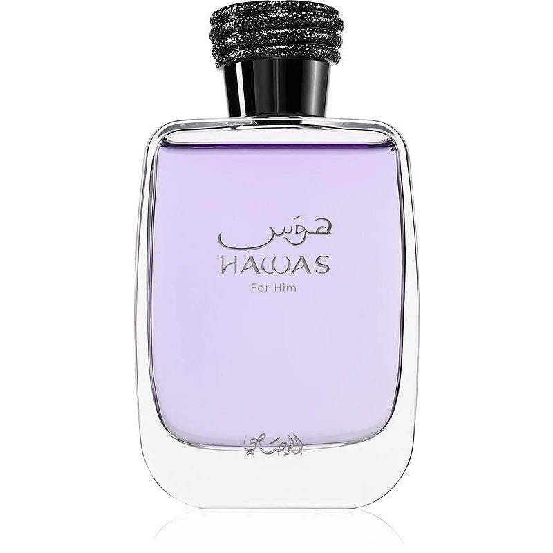 Флакон Rasasi Hawas EDP 100ml с огледално отражение на бял фон.