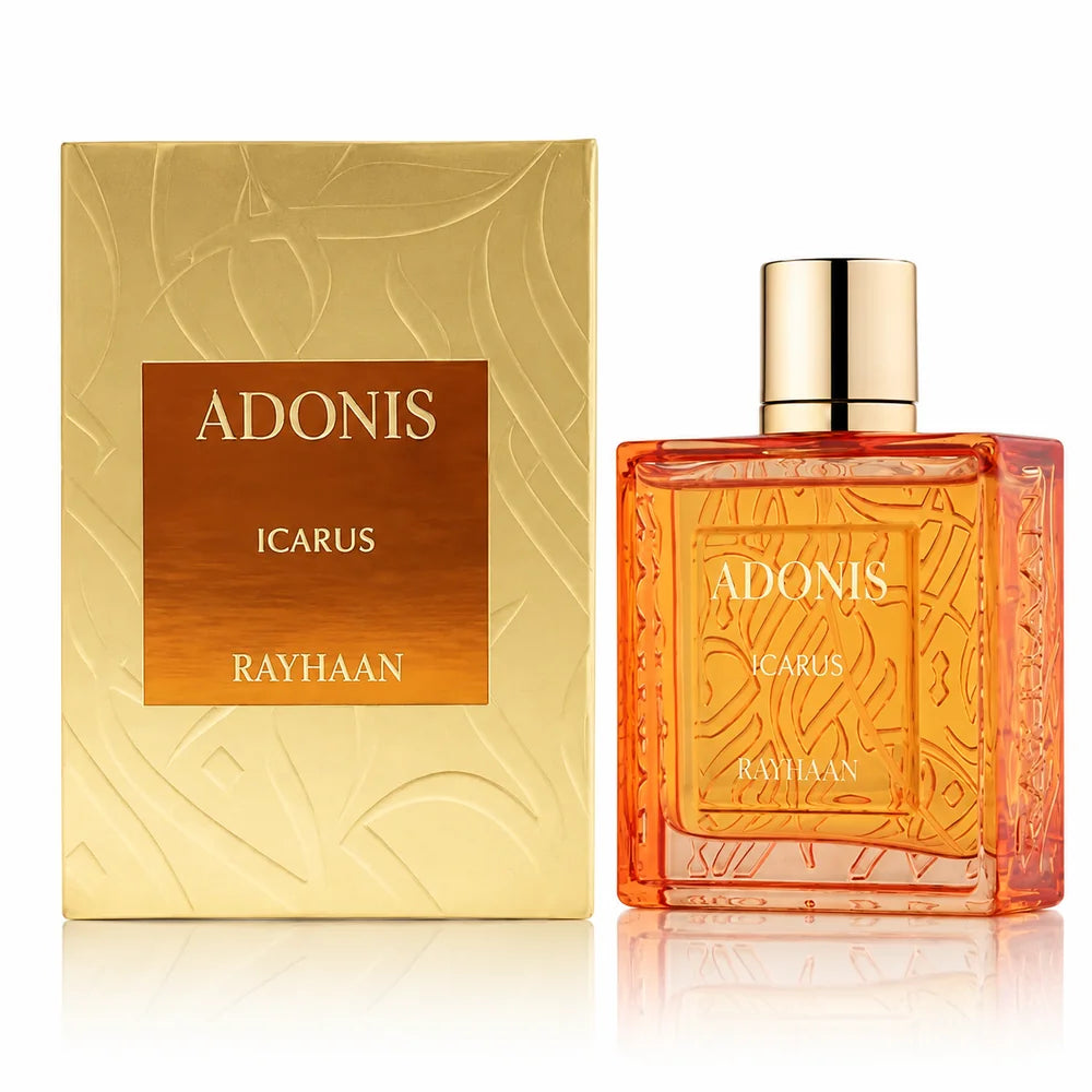 Флаконът и кутията на Rayhaan Adonis Icarus EDP 100 мл, показани заедно с леко отражение.