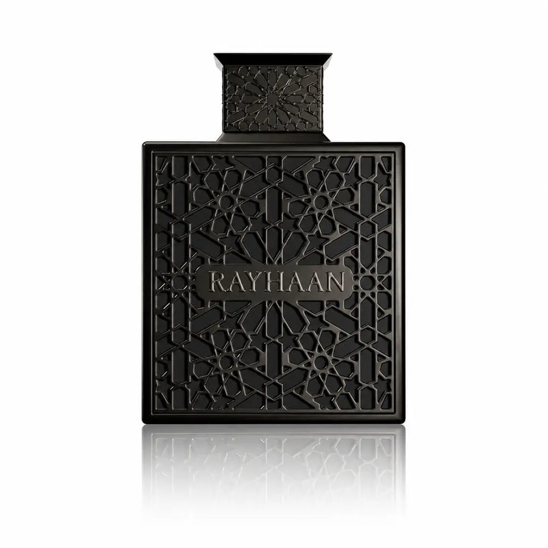 Черен флакон Rayhaan Obsidian EDP 100 мл с тъмна релефна решетка и правоъгълна капачка, с огледално отражение.