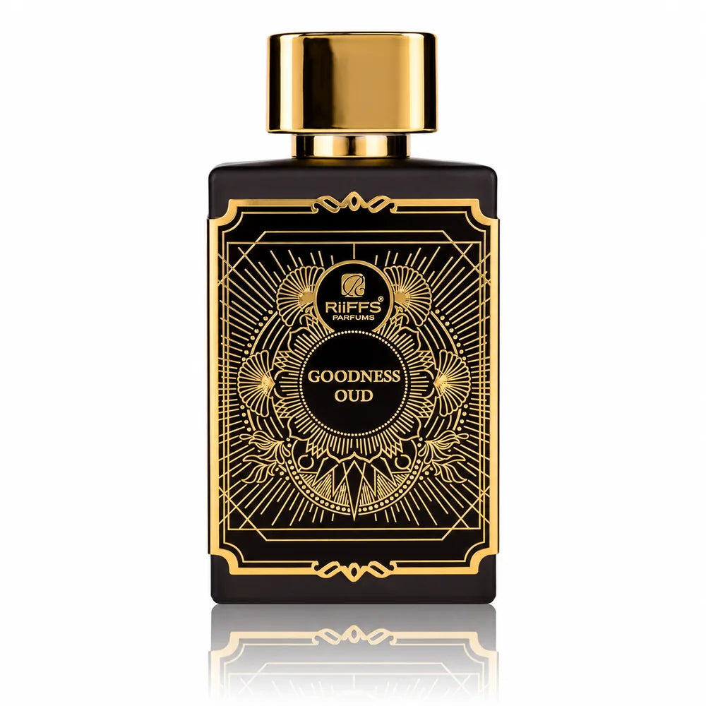 Флакон Riiffs Goodness oud EDP 100 мл с огледално отражение на бял фон.