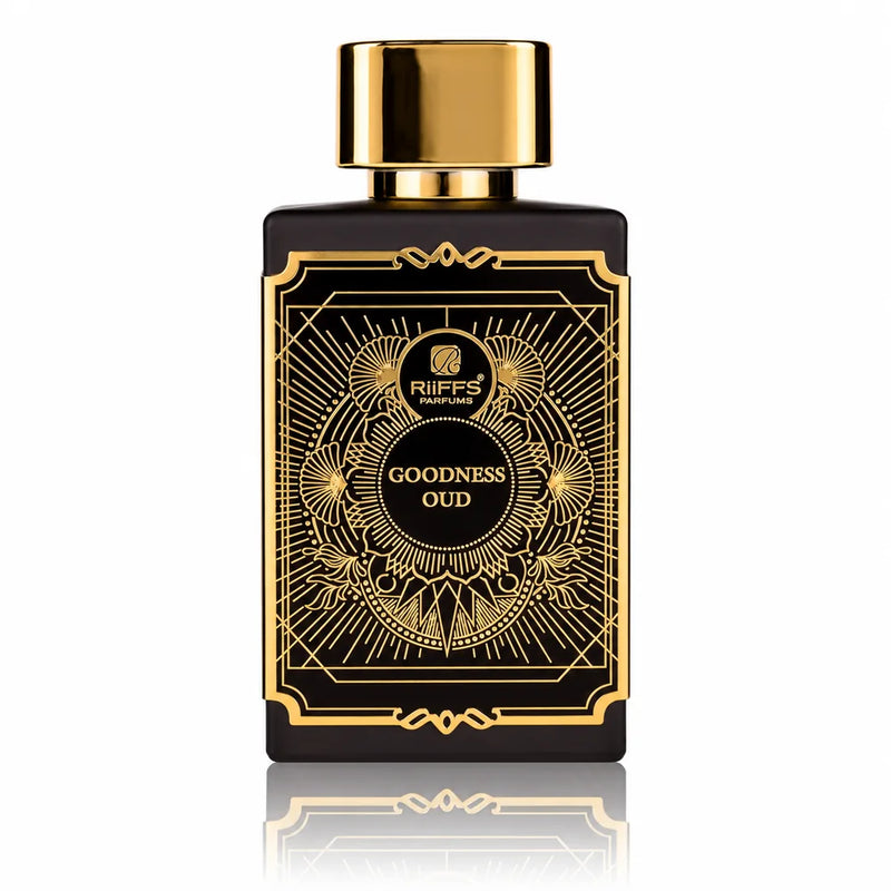 Флакон Riiffs Goodness oud EDP 100 мл с огледално отражение на бял фон.