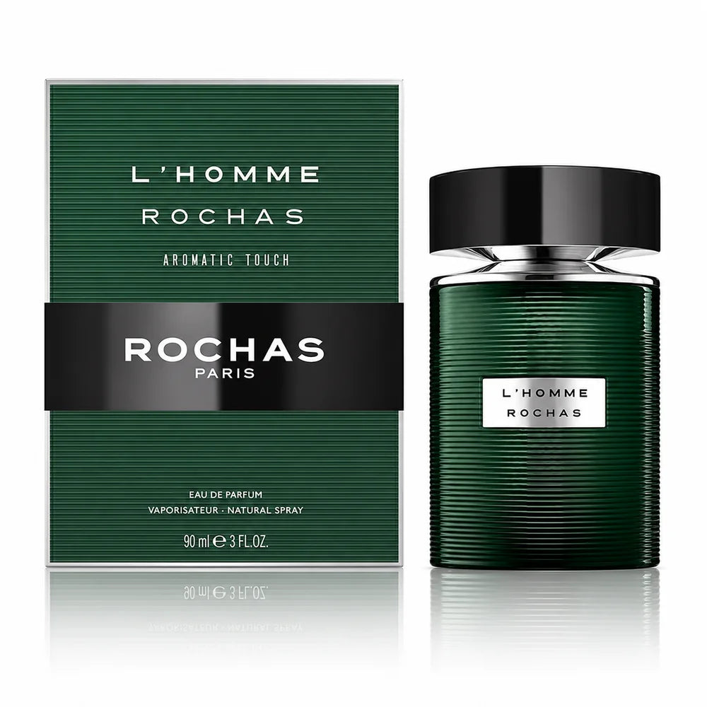 Флаконът и кутията на Rochas L'Homme Aromatic Touch, показани заедно с леко отражение.