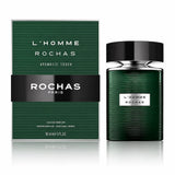Флаконът и кутията на Rochas L'Homme Aromatic Touch, показани заедно с леко отражение.