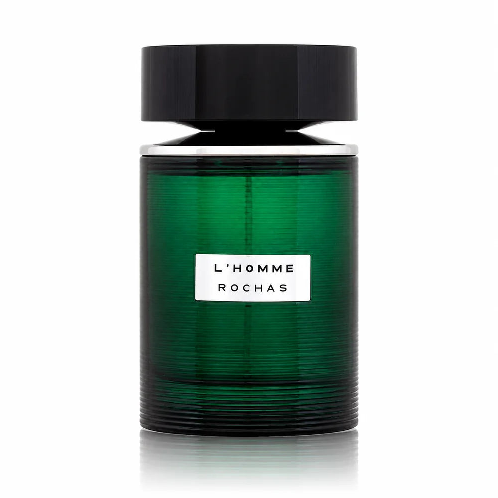 Флакон Rochas L'Homme Aromatic Touch с огледално отражение на бял фон.