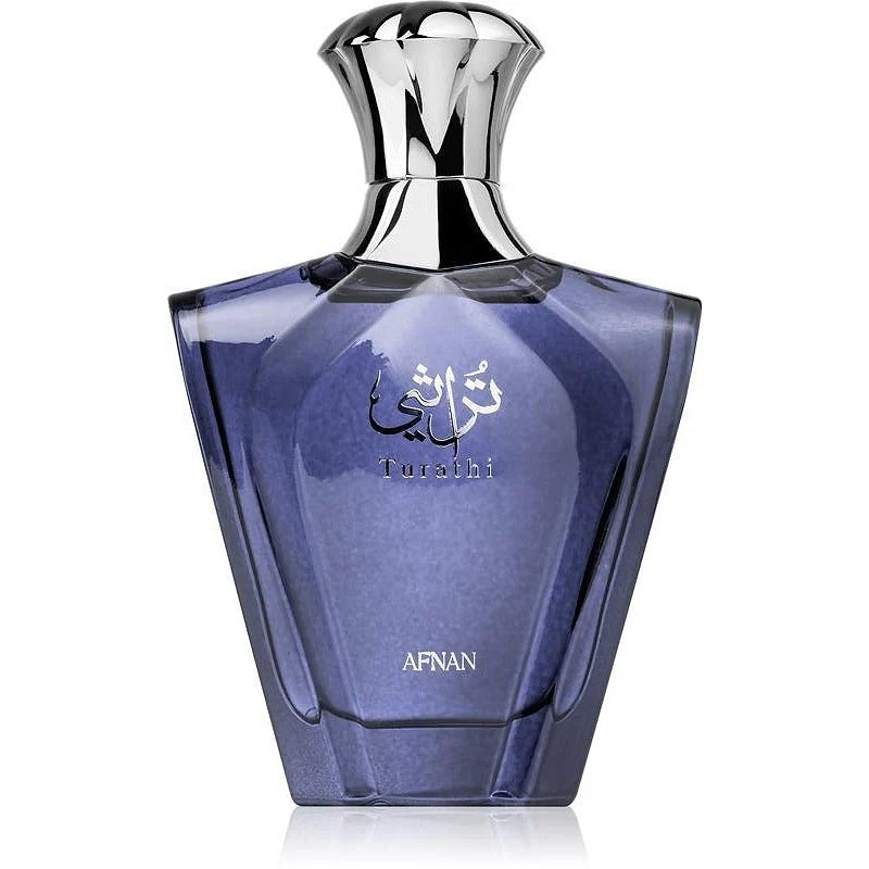 Флакон Afnan Turathi Blue EDP 90ml с огледално отражение на бял фон.