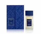 Флаконът и кутията на Arabiyat Prestige Portrait Azure EDP 80 мл, показани заедно с леко отражение.