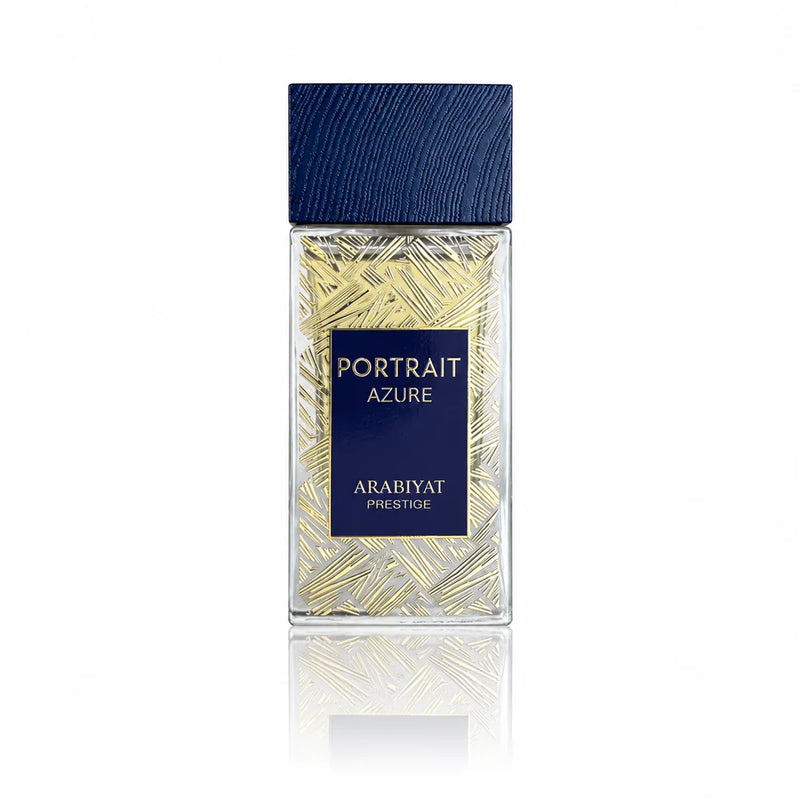 Флакон Arabiyat Prestige Portrait Azure EDP 80 мл с огледално отражение на бял фон.