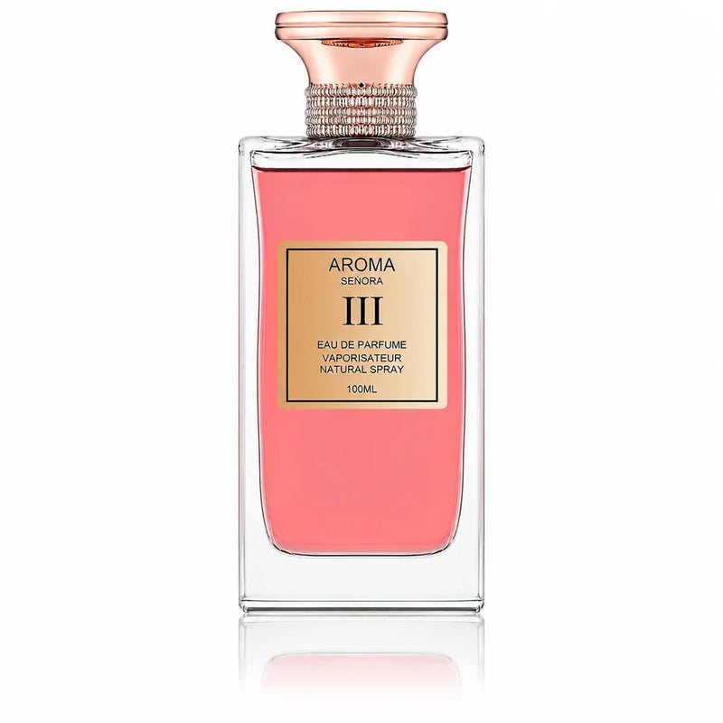 Флакон Aurora Scents Aroma Senora III EDP 100 мл с огледално отражение на бял фон.