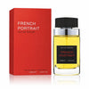Флаконът и кутията на Fragrance World French Portrait EDP 100 мл, показани заедно с леко отражение.
