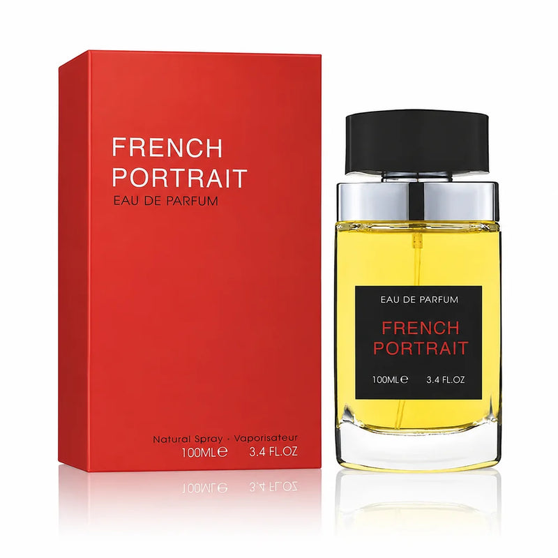 Флаконът и кутията на Fragrance World French Portrait EDP 100 мл, показани заедно с леко отражение.