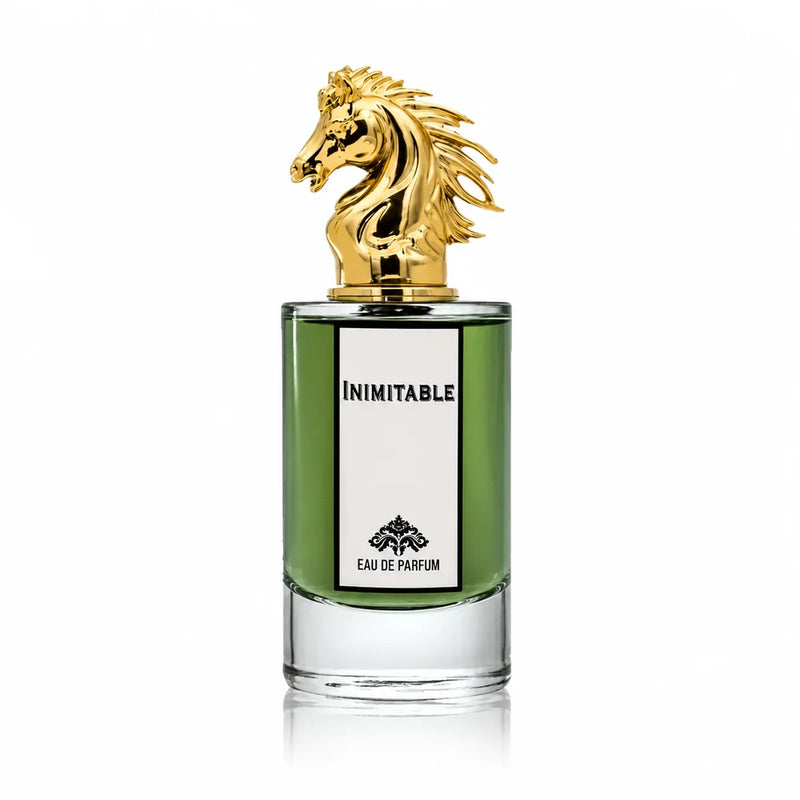 Флакон Fragrance World Inimitable EDP 80 мл с огледално отражение на бял фон.