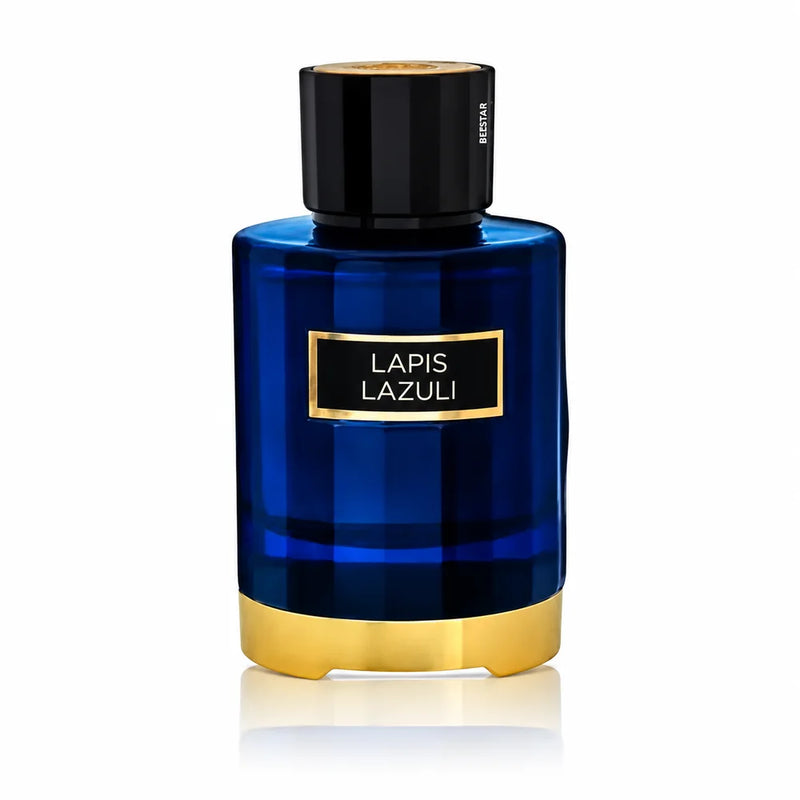 Флакон Fragrance World Lapis Lazuli EDP 100 мл с огледално отражение на бял фон.