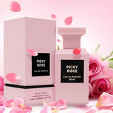 Fragrance World Picky Rose EDP 80 мл – флакон и кутия с розови листенца