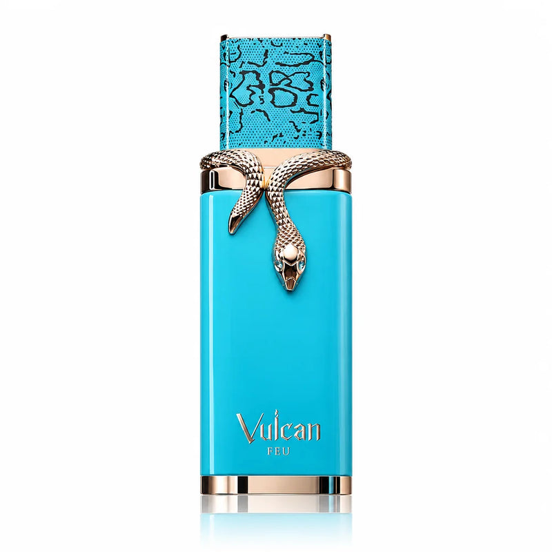 Тюркоазен флакон French Avenue Vulcan Feu EDP 100 мл със златиста змия и леко огледално отражение.