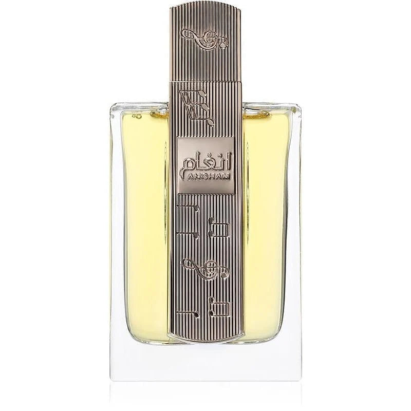 Флакон Lattafa Angham EDP 100 мл с огледално отражение на бял фон.