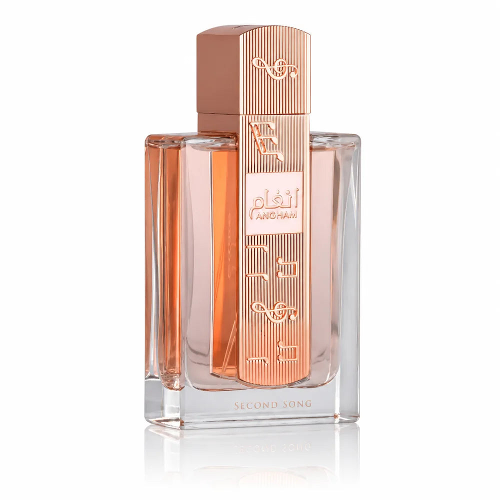 Флакон Lattafa Angham Second Song EDP 100ml с огледално отражение на бял фон.