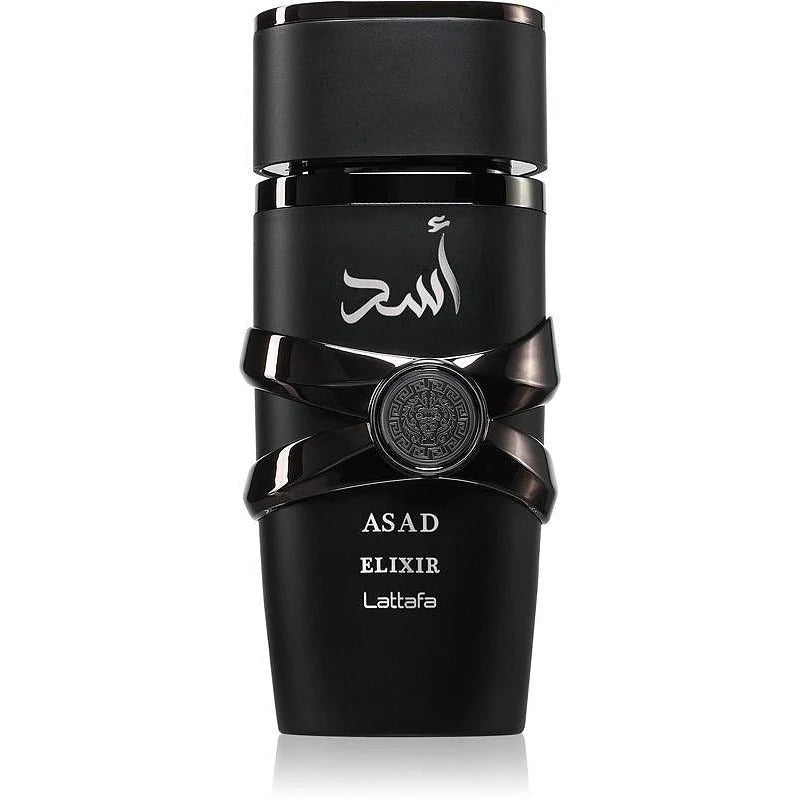 Флакон Lattafa Asad Elixir EDP 100 мл с огледално отражение на бял фон.