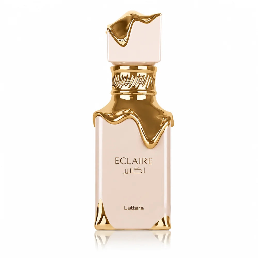 Флакон Lattafa Eclaire EDP 100 мл с огледално отражение на бял фон.